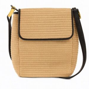 Vintage Susan Gail Straw Crossbody Bag with Black Leather Trim, Gold Hardware